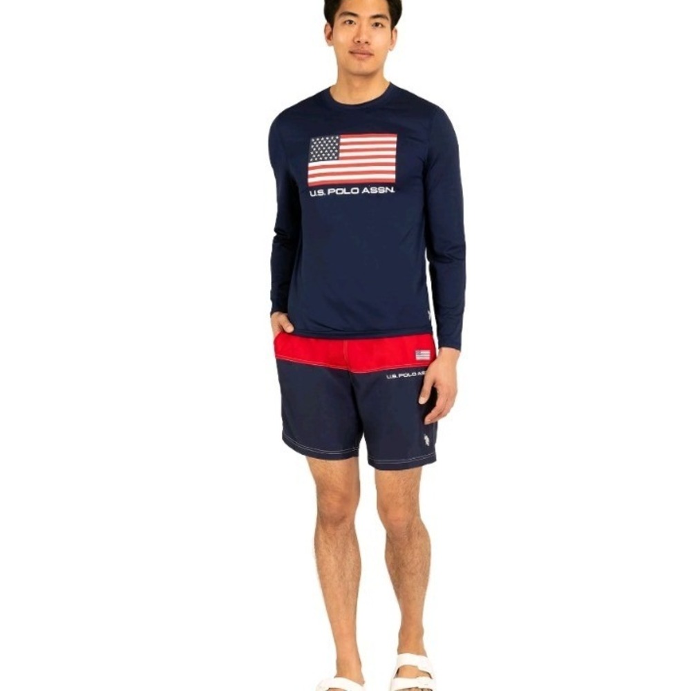 US Polo Assn Mens Rash Guard Long Sleeve Navy Blue American Flag UPF 50 3XL NEW